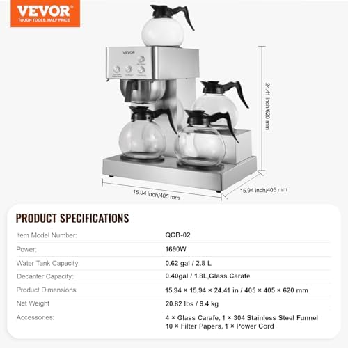 VEVOR Commercial Drip Coffee Maker, 12 Cups Coffee-Maker Machine with 4 Glass Carafes and 4 Decanter Warmer Plates, Stainless Steel Drip Style Coffee Brewer, for Restaurant, Office, Coffee Shop & Home