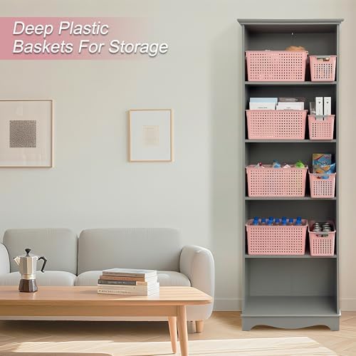 Soddeph Slim Plastic Storage Basket with Handles, Narrow Organizer box for Shelves, Organizer box for Organizing, Kitchen,Home,Office (Pink, Medium)