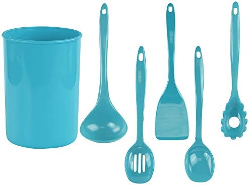 Reston Lloyd 6 Piece Kitchen Utensil Holder for kitchen counter, Utensils crock with Heat Resistant Spoon, Slotted Spoon, Ladle, Spatula BPA Free, Aqua-Blue