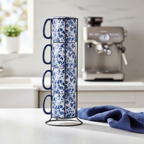 10 Strawberry Street Bella Flora Espresso Demitasse Stack, Set of 4 (Blue Peonies)