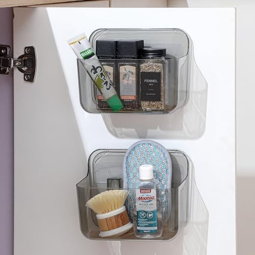 2 Pack Adhesive Cabinet Door Organizer, Compact Kitchen Under Sink Organizer, Lid Storage Container for Pantry Shelves, No-drill Wall Mounted Bathroom Shower Caddy Hanging Closet Organizer(Smoke Gray)