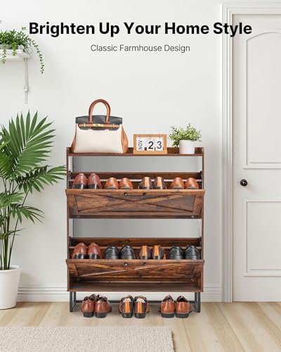 VEVOR Shoe Cabinet with 2 Flip Drawers, Farmhouse Shoes Storage Cabinet with Metal Legs and Anti-Tipping Device, Freestanding Shoe Organizer Ideal for Entryway, Hallway, Bedroom, Living Room, Brown