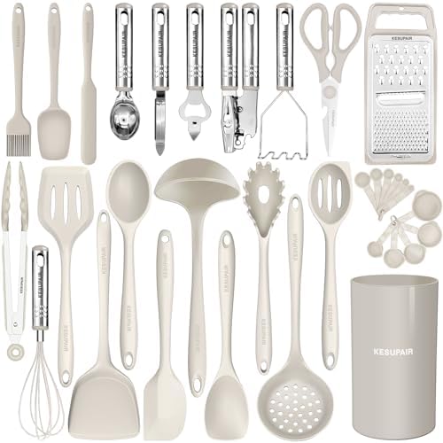 Kitchen Utensils Set - 446°F Heat Resistant Silicone Cooking Utensils Set-Kitchen Tools and Gadgets for Cooking Nonstick Cookware with Tongs,Turner,Spatula,Spoon,Brush,Peeler,Grater,Scissors (Khaki)