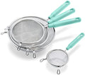 GreenLife Cooking Tools and Utensils, 4 Piece Extra Fine Stainless Steel Mesh Strainer Kitchen Set, Stay Cool Handles, Dishwasher Safe, BPA-Free, Turquoise