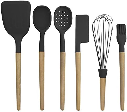 Country Kitchen Non Stick Silicone Utensil Set with Rounded Wood Handles for Cooking and Baking, 6 Piece Set, Black