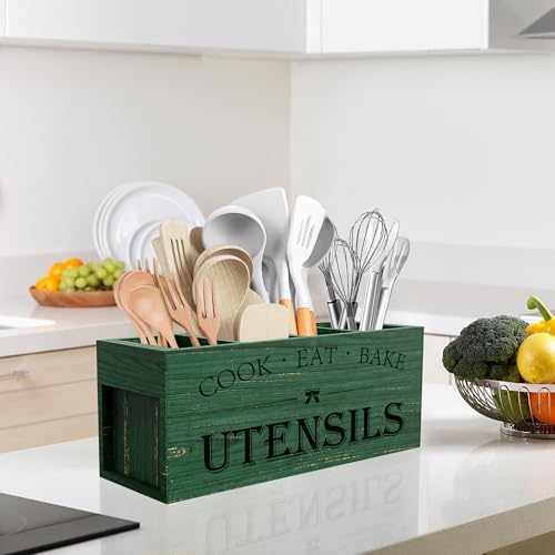 Suli Extra Large Utensil Holder Countertop for Kitchen Counter,Wood,Green