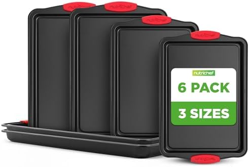 NutriChef Nonstick Baking Pans Set – Premium Cookie Sheets for Baking, Carbon Steel Stackable Baking Trays with Red Silicone Handles, Oven Safe Pans for Cookies, and Cakes, Dishwasher Safe (6 Pack)