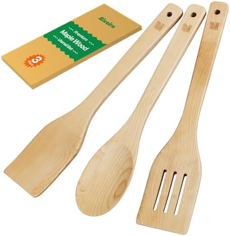 Riveira Maple Wooden Spoons for Cooking Set of 3 – Natural Maple Wooden Cooking Utensils, Wooden Spatula, Wooden Spoon - Premium Quality Utensil Set for Non-Toxic Cooking
