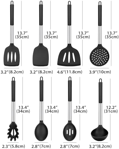 Silicone Kitchen Utensils Set, 8Pcs Cooking Utensils with Holder, Black