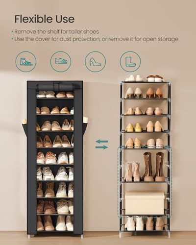 SONGMICS 10-Tier Shoe Rack with Cover, Shoe Storage Cabinet for 20 Pairs