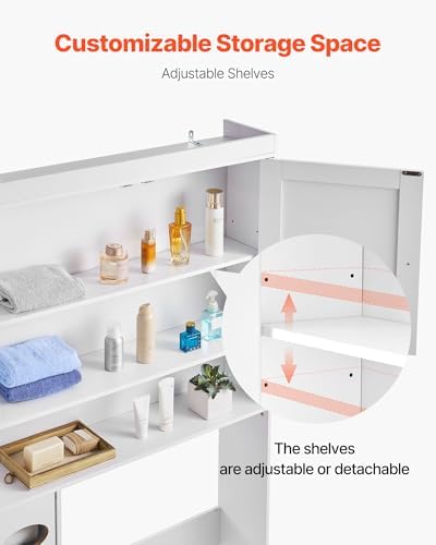 VEVOR Over The Toilet Storage Cabinet, 67.44‘’ Height Bathroom Storage Cabinet Over Toilet with Barn Door and Adjustable Shelf, Bathroom Space-Saving Toilet Rack White Wood with Open Shelf