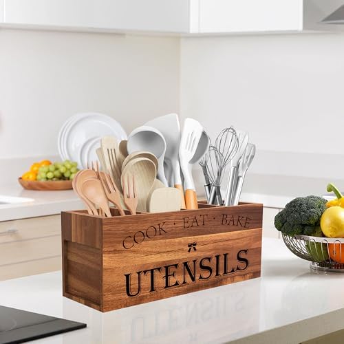 Suli Extra Large Utensil Holder Countertop for Kitchen Counter,Acacia Wood