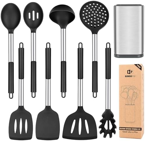 Silicone Kitchen Utensils Set, 8Pcs Cooking Utensils with Holder, Black