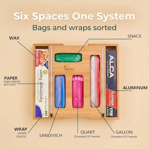 3" Slim 6-in-1 Expandable Storage Bag Organizer Kitchen Drawer - Bamboo Baggie Organizer for Drawer, Aluminum Foil & Saran Wrap Cutter, Plastic, Gallon, Quart & Sandwich Bags (11.5"-17.63" Wide)