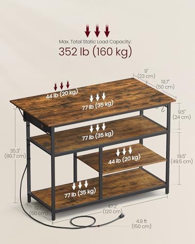 VASAGLE Kitchen Island with Drop Leaf, Power Strip, Pegboard, 47.2" Width