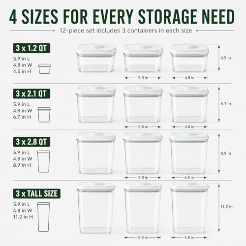 12 Pcs Pop Airtight Food Storage Containers with Lids Stackable Containers for Kitchen Pantry Organization Ideal for Cereal Snacks Flour Sugar Coffee and Spaghetti, 3.4Qt, 2.8Qt, 2.1Qt, 1.2Qt