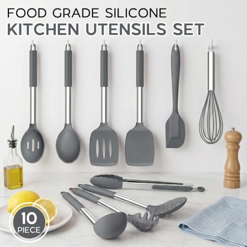 Onader 10 Pieces Silicone Kitchen Utensils Set, Cooking Utensils with Holder and Heat Resistant Stainless Steel Handle for Nonstick Cookware -Gray