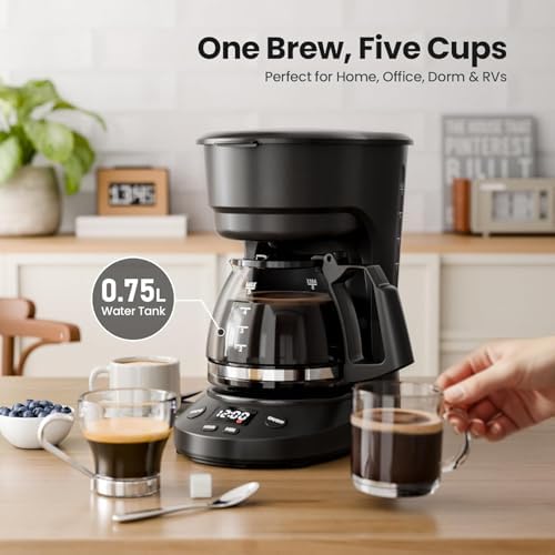Kismile 5-Cup Drip Coffee Maker, LED Display, Timer,Anti-Drip & Shut-Off