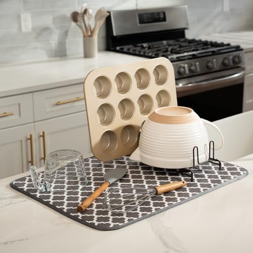S&T INC. Dish Drying Mat, 18" x 24", XL, Grey Trellis