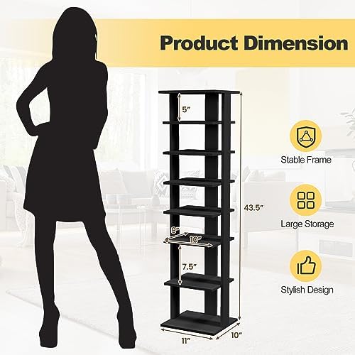 COSTWAY 8-Tier Vertical Shoe Rack, Tall Narrow Shoe Storage Organizer with Removable Shelf for Boots, Anti-Tipping Kit, Space-Saving Shoe Stand with for Small Place, Entryway (Black)