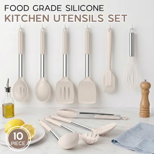 Onader Silicone Kitchen Utensils Set of 10, Cooking Utensils with Holder and Heat Resistant Stainless Steel Handle for Nonstick Cookware - Khaki
