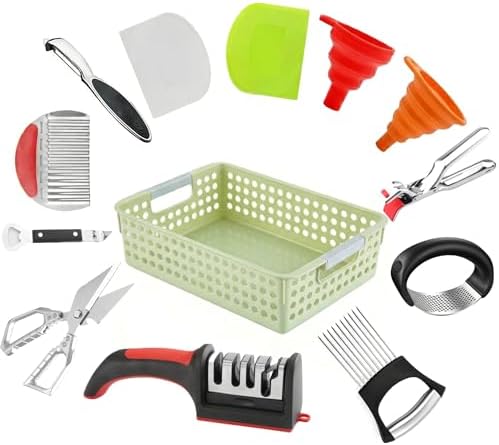 13-Piece Kitchen Gadget Set (Includes Storage Basket) — Features Kitchen Shears, Garlic Press, Knife Sharpener, Julienne Peeler, Standard Peeler, Anti-Scald Tongs (13 PCS-B)