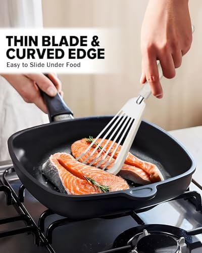 Fish Spatula Turner,Thin Slotted,Stainless Steel With Silicone Edge,2 Pack