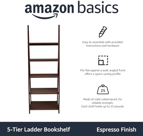 Amazon Basics 5-Tier Ladder Bookshelf Storage Organizer, Tall Bookcase for Small Space, Solid Rubberwood Frame, Modern Display Shelf, Espresso Finish, 14" D x 24.8" W x 70.1" H