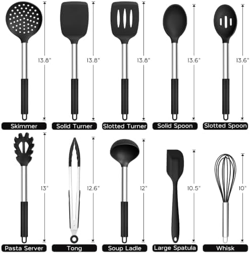 Onader Silicone Kitchen Utensils Set of 10, Cooking Utensils with Holder and Heat Resistant Stainless Steel Handle for Nonstick Cookware - Black