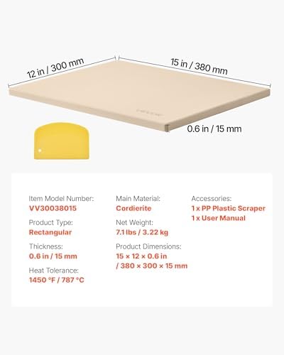 VEVOR Pizza Stone, 15 x 12 x 0.6 in Rectangular Cordierite Pizza Stone, Extra Large Baking Stone with Scraper, 1450℉ Heat-Resistant Bread Stone, for Kitchen Oven, Baking Bread & Pizzas, BBQ Grill
