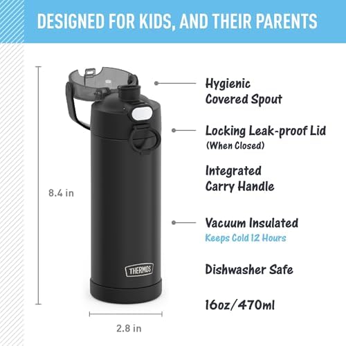 THERMOS FUNTAINER Water Bottle with Spout, 16oz, Black Matte