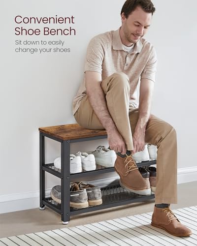 VASAGLE 3-Tier Shoe Rack, Storage Bench with Metal Mesh Shelves and Seat