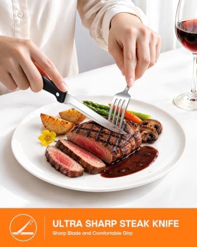 EUIRIO 24 Piece Silverware Set with Steak Knives Food Grade Stainless Steel Flatware Set for 4 Cutlery Utensil Set Mirror Polished Dishwasher Safe for Home Restaurant