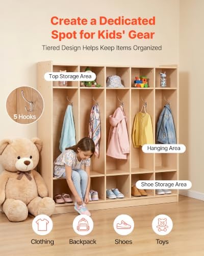 VEVOR 5-Section Classroom Coat Locker, 10 Cubbies for Daycare, Classroom Cubbies with 4 Casters & 5 Hooks, Daycare Furniture for Home, School, Nursery, Kindergarten