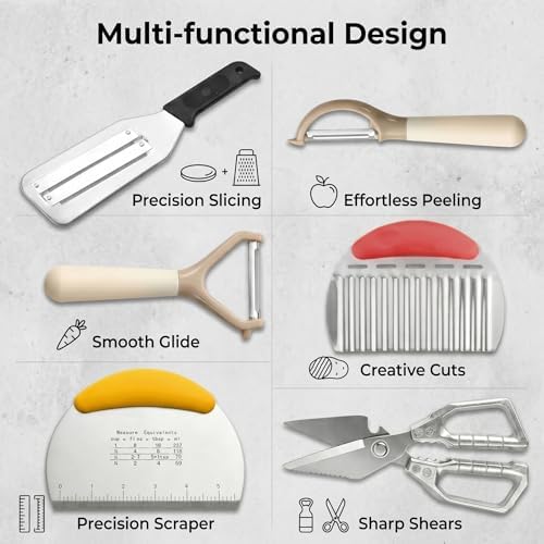 6-Piece Kitchen Utensil Set - Includes Cabbage Shredder, Crinkle Cutter, Dough Scraper, 2 Peelers, and Stainless Steel Kitchen Shears - Ideal Food Prep & Baking Tools (6 PCS-B)