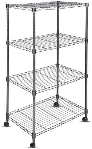 Whitmor 4 Tier Shelving Unit, Adjustable Storage Shelves with Wheels, Wire Shelving, 200 lbs Capacity per Shelf, Max 800 lbs Total for Laundry, Kitchen, Garage, 24" L x 14" W x 47" H, Black