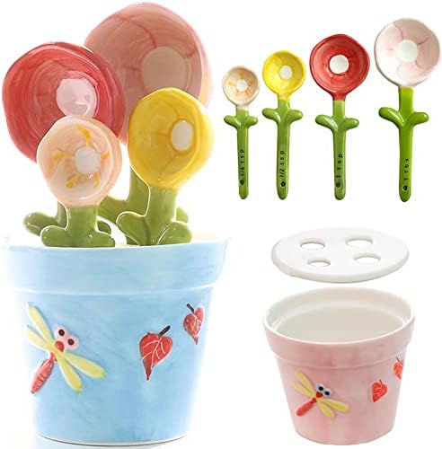 Flower Measuring Spoons Set in Pot - Ceramic Baking Measuring Spoons with Holder for Dry & Wet Ingredients - Cute Flower Figurine - Dishwasher Safe - 1 Tbsp, 1/2 Tsp, 1/4 Tsp - Unique Gift - Blue