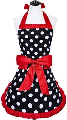 Violet Mist Vintage Aprons for Women with Pockets Girls Cute Polka Dot Retro Stylish Aprons Sexy Red 50s Apron Pretty Ruffle Adjustable Neck Strap Flirty Apron Valentine's Day Mothers Gifts, Red