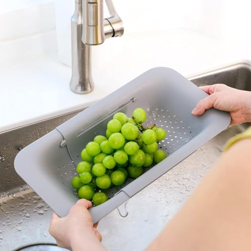 Blue Ginkgo Over Sink Colander, Extendable Kitchen Strainer, Grey