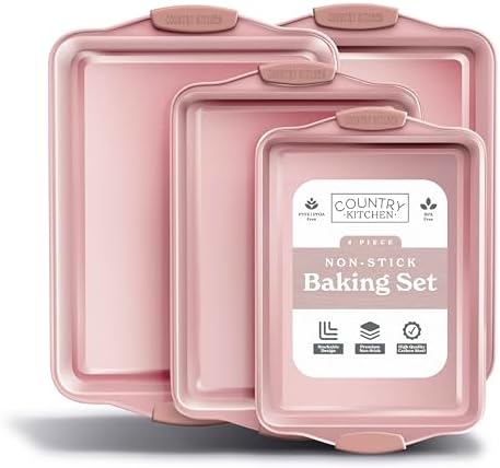 Country Kitchen Nonstick Stackable Bakeware Set - Heavy Duty, Durable, Easy Release Baking Set, Pink, 4 Pcs