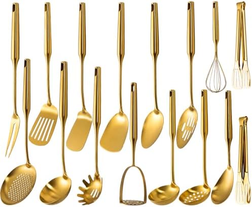304 Stainless Steel Small and Large Spoons Set, Gold Cooking Utensils Set 16 PCS All Metal Kitchen Tools, Serving Utensils - Masher，Whisk, Fork, Tongs, Turner, Ladle, Spatula，Skimmer, Pasta