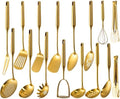 304 Stainless Steel Small and Large Spoons Set, Gold Cooking Utensils Set 16 PCS All Metal Kitchen Tools, Serving Utensils - Masher，Whisk, Fork, Tongs, Turner, Ladle, Spatula，Skimmer, Pasta