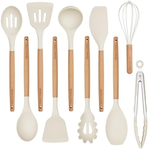 Silicone 10 Pcs Kitchen Cooking Utensils Set, Recycled Materials Certification, BPA Free Spatula Set with Heat Resistant Wood Handles for Nonstick Cookware, Cream White
