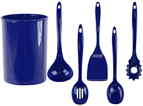 Reston Lloyd 6 Piece Kitchen Utensil Holder for Kitchen Counter, Utensils Crock with Heat Resistant Spoon, Slotted Spoon, Ladle, Spatula BPA Free, Indigo