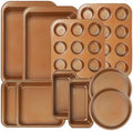KOOMADE 10PCS Nonstick Baking Pans Set - Bakeware Sets for Cooking, Oven and Dishwasher Safe, Non Toxic, Includes Cookie Sheets for Baking, Muffin Pan, Bread Pan, Cake pan, Loaf Pan, Roasting Pan Gold