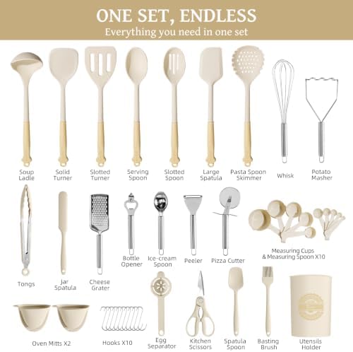 Kikcoin 43 PCS Silicone Kitchen Utensils Set, Dishwasher Safe Kitchen Cooking Utensils Set, 446°F Spatulas Silicone Heat Resistant, Non Toxic Silicone Utensils Set With Two-Tone Grip Handles, Cream