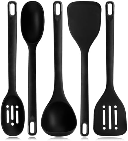 Silicone Kitchen Cooking Utensils Set: MOACC Heat Resistant 13inch Long Kitchen Gadgets, BPA Free Non Stick Rubber Cook Accessories For Food Prep, Frying, Serving, Basting (Black)