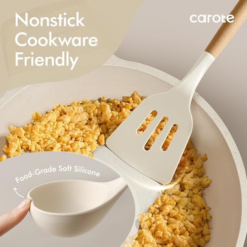 CAROTE 22-Piece Cooking Utensils Set with Wood Cool-Touch Handles, Cream
