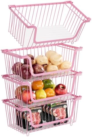4 Pcs Stackable Wire Baskets for Pantry Organizers and Storage, Pink