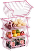4 Pcs Stackable Wire Baskets for Pantry Organizers and Storage, Pink